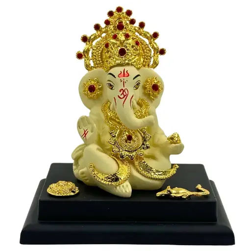 Graceful Ivory Ganpati with Gold-Plated Jewelry, Poly Resin, 3-Year Color Warranty