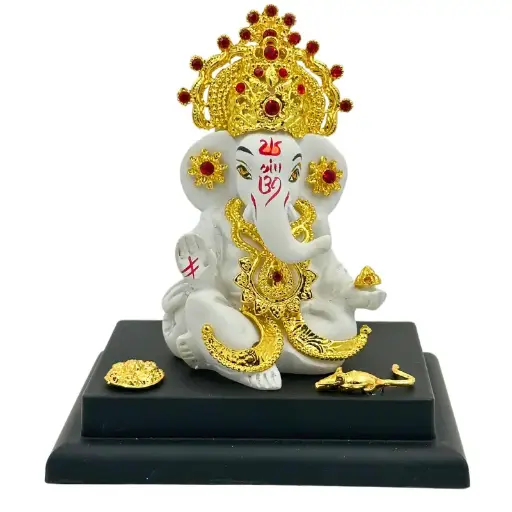 Graceful White Ganpati with Gold-Plated Jewelry, 3-Year Color Warranty