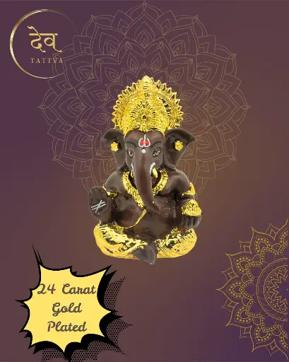 24-Carat Gold Plated Brown Ganpati, Poly Resin, 3.5x2 Inches, 3-Year Warranty