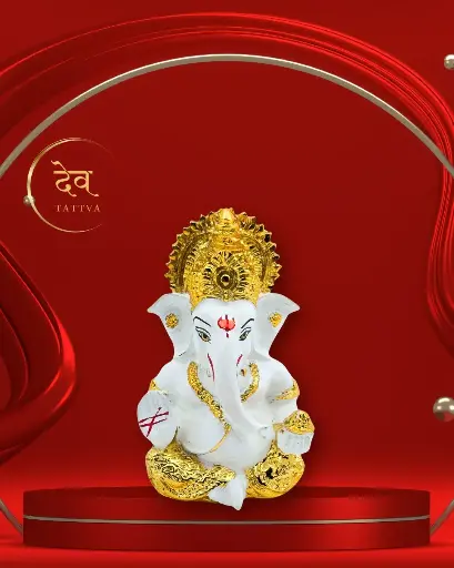 24K Gold Plated White Ganpati, Poly Resin, 3.5x2 Inches, 3-Year Warranty